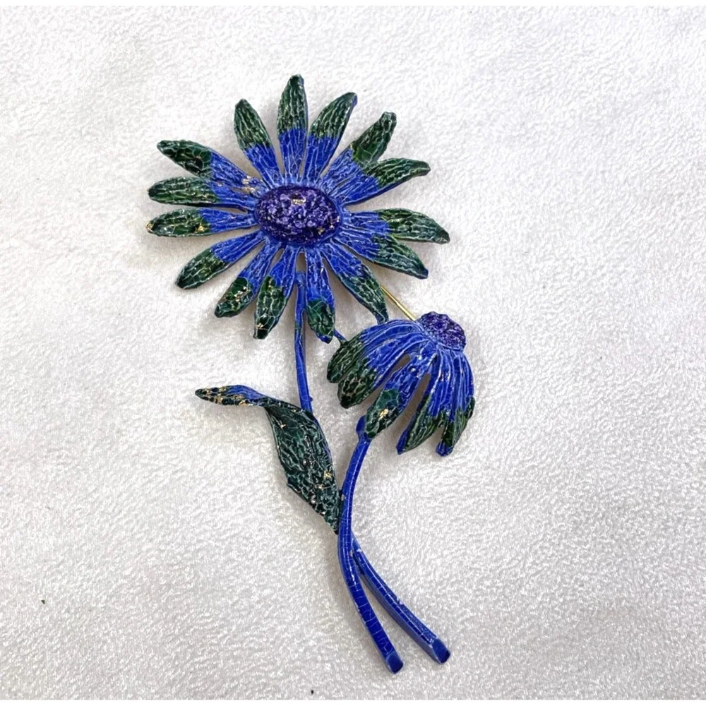 Vintage Signed ART Arthur Pepper Blue Green Enamel Daisy Flower Brooch Pin 60s